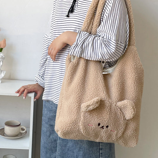 Personalized Bag For Women 3D Cartoon Bear Lamb Wool Shoulder Bag Winter High Capacity Daily Shopping Bags Girls College Style Handbags